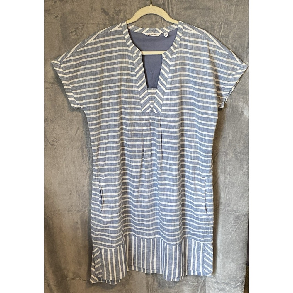 Athleta Dress XL Blue Striped Cotton V Neck Short Sleeve Coastal Nautical